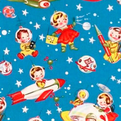 Tela de estilo retro con dibujos de niños astronautas.