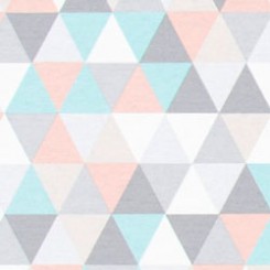 Tela para personalizar tu producto favorito de Teoyleo.Loneta estampada con dibujos de triángulos en tonos pastel. Destacan los colores melocotón, azul y gris. Los triángulos tienen una altura aproximada de 3 cms.Composición 100% algodón.