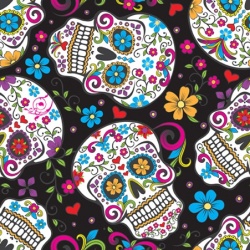 Tela de calaveras mexicanas de tamaño medio. En esta tela predominan el color negro, azul turquesa y blanco.