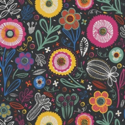 Preciosa tela de loneta con dibujos de distintos tipos de flores. Destacan los colores amarillo, rosa, azul y negro. Este estampado es perfecto para confeccionar bolsos, capotas, ect.