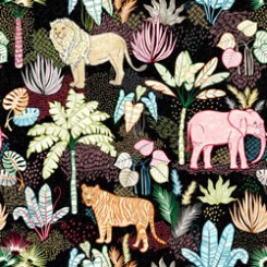 Elegante algodón 100%. Estampado de leones, elefantes, tigres, palmeras y hojas. Destacan los colores naranja, rosa, verde, azul y negro del fondo. Los animales tienen una altura aproximada de 5 cms.