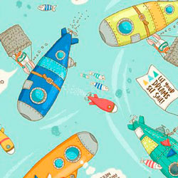 Tela infantil con dibujos de submarinos, peces y bebés nadando. Tejido de suave algodón 100%